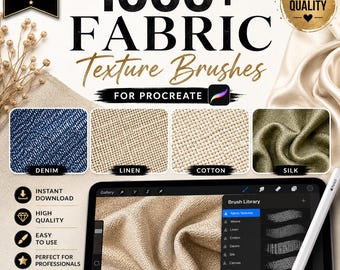 Mais de 1000 pincéis de textura de tecido para Procreate | Pacote de pincéis de linho, jeans, algodão e seda | Pincéis têxteis realistas | Download instantâneo