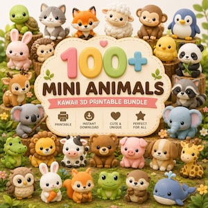 May include: A collection of small, stylized animal figurines including a turtle, cat, fox, sheep, monkey, penguin, rabbit, hedgehog, deer, panda, koala, elephant, crocodile, lion, cow, bear, pig, dog, giraffe, owl, squirrel, frog, otter, and whale.