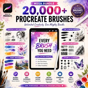 May include: A digital product advertisement for a bundle of 20,000+ Procreate brushes. The image features a tablet displaying the text 'EVERY BRUSH YOU NEED' over a watercolor background, surrounded by examples of brush strokes, icons, and text.
