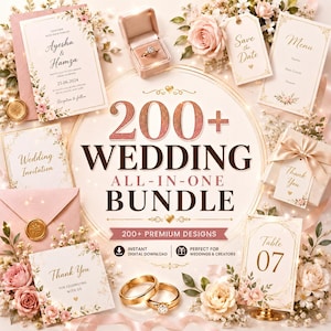 May include: A digital wedding stationery bundle featuring floral-themed invitations, menu cards, thank you notes, and table numbers. The collection includes gold-toned rings, a ring box, and wax-sealed envelopes, all displayed with soft pink roses.