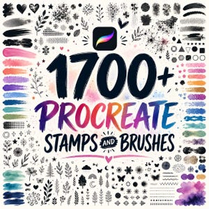 以下が含まれることがあります： Procreateアプリのロゴと、様々なスタンプやブラシが描かれたデジタルアートグラフィック。テキストは「1700+ Procreate Stamps and Brushes」と複数色で表示。ハート、星、花の要素が含まれています。