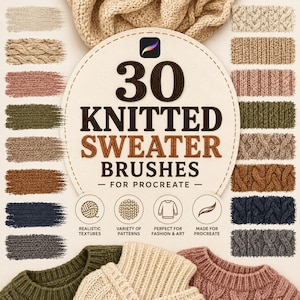 Pode incluir: Uma coleção digital de 30 pincéis de suéter de tricô para Procreate, com um rótulo circular central com o texto 30 KNITTED SWEATER BRUSHES FOR PROCREATE, cercado por várias amostras de texturas de tecido de tricô em diversas cores.