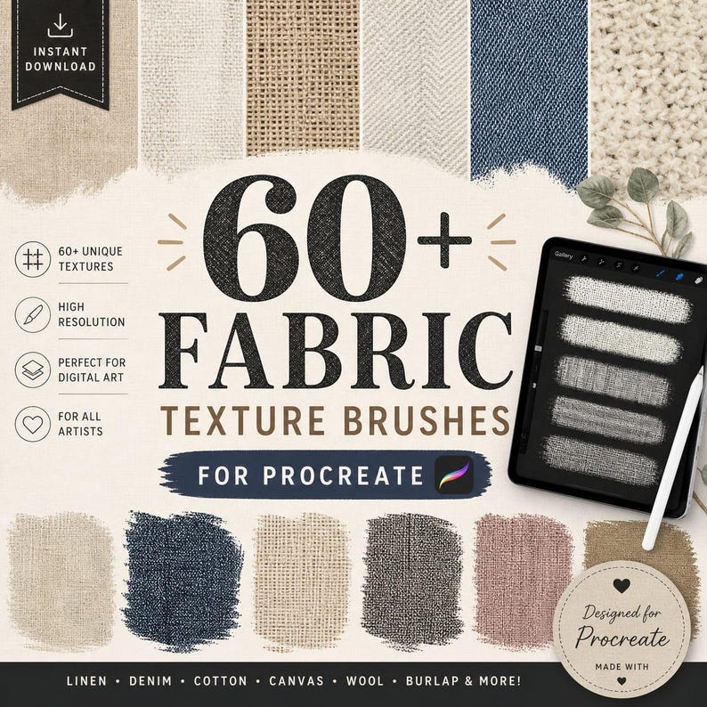 Pode incluir: Produto de arte digital com pinc&eacute;is de textura de tecido para Procreate. A imagem mostra um tablet com amostras de pinc&eacute;is, uma variedade de amostras de tecido e o texto "60+ Fabric Texture Brushes". Inclui linho, ganga, algod&atilde;o e mais.