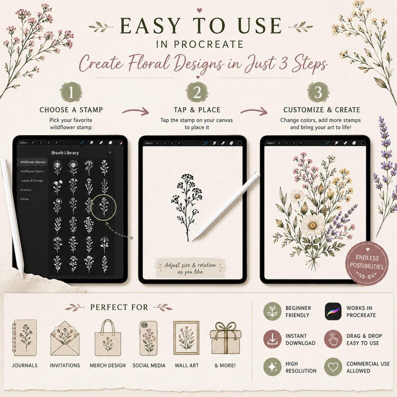 90+ Wildflower Procreate Stamp Brushes | Botanical Floral Brush Set for ...
