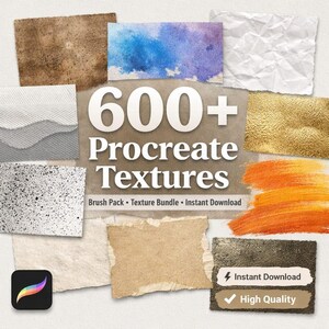 Pode incluir: Imagem mostrando uma coleção de texturas Procreate. O texto central diz "600+ Procreate Textures". Várias texturas são exibidas, incluindo aquarela, papel amassado e folha de ouro. A imagem também inclui o ícone do aplicativo Procreate e texto indicando download instantâneo e alta qualidade.