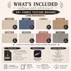 Pode incluir: Imagem mostrando pinc&eacute;is de arte digital para Procreate, com v&aacute;rias texturas de tecido como linho, ganga e tela. O gr&aacute;fico inclui o texto "WHAT'S INCLUDED" e detalhes sobre os pinc&eacute;is inclu&iacute;dos, compatibilidade com Procreate e informa&ccedil;&otilde;es de download instant&acirc;neo.