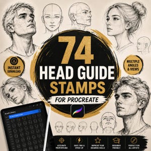 May include: A digital art resource featuring 74 head guide stamps for Procreate. The image displays various pencil-style sketches of human heads from multiple angles, a tablet screen showing the brush library, and text including 74 HEAD GUIDE STAMPS.