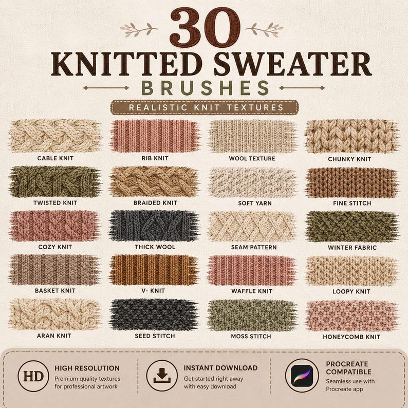 Pode incluir: Uma cole&ccedil;&atilde;o digital de 30 pinc&eacute;is de su&eacute;ter de malha com texturas realistas. A imagem exibe v&aacute;rios padr&otilde;es de pontos, incluindo tran&ccedil;a, canelado, grosso, tran&ccedil;ado e waffle, com r&oacute;tulos para cada estilo e compatibilidade com o Procreate.