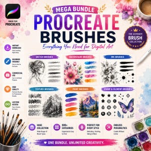 May include: A digital art brush bundle for Procreate featuring six categories: sketch, watercolor, ink, texture, paint, and stamp brushes. The graphic displays sample illustrations, colorful brush strokes, and text including MEGA BUNDLE PROCREATE BRUSHES.