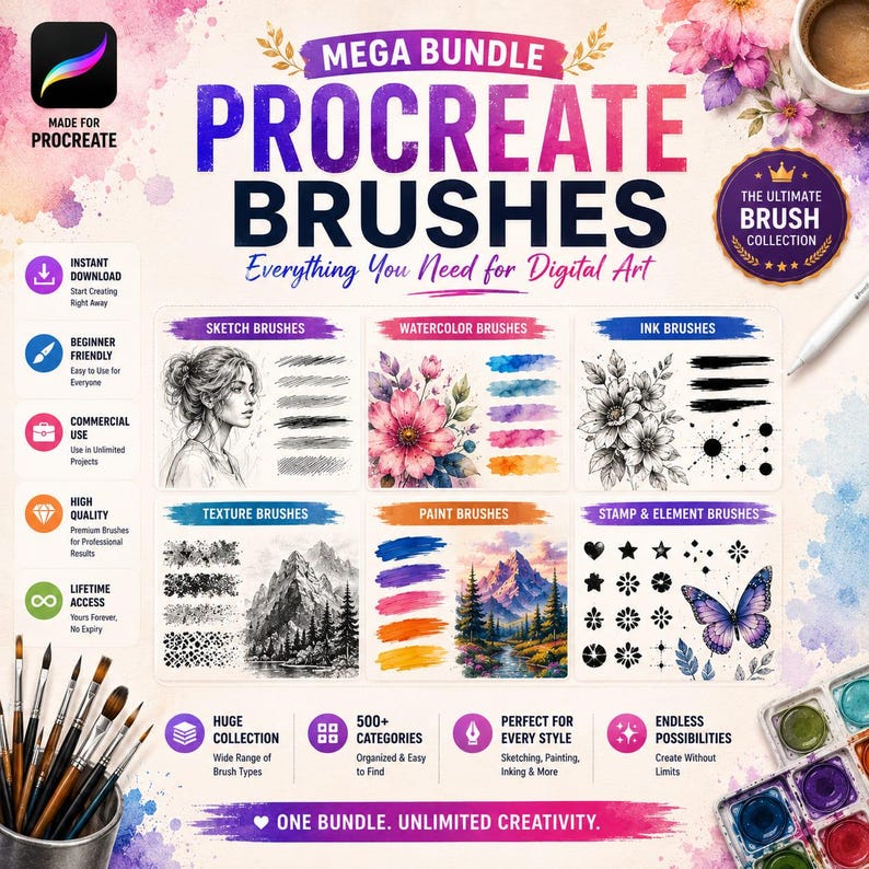 May include: A digital art brush bundle for Procreate featuring six categories: sketch, watercolor, ink, texture, paint, and stamp brushes. The graphic displays sample illustrations, colorful brush strokes, and text including MEGA BUNDLE PROCREATE BRUSHES.