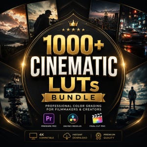 May include: A digital product bundle with the text "1000+ CINEMATIC LUTS BUNDLE" in gold lettering. The image includes icons for Premiere Pro, DaVinci Resolve, and Final Cut Pro, along with other icons indicating 4K compatibility, instant download, and premium quality.