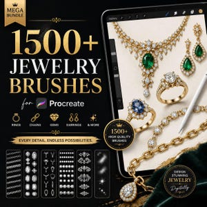 May include: A digital product bundle titled 1500+ Jewelry Brushes for Procreate, featuring a tablet screen displaying intricate gold jewellery designs with emerald and blue gemstones, alongside a stylus and a grid of various brush stroke patterns.
