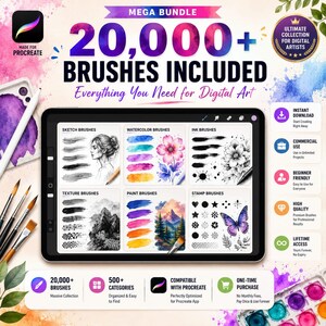 May include: A digital art mega bundle for Procreate featuring over 20,000 brushes. The display shows six categories including sketch, watercolor, ink, texture, paint, and stamp brushes with various artistic examples and icons for instant download.