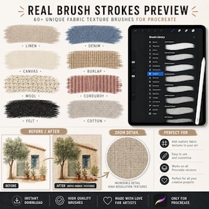 Pode incluir: Um an&uacute;ncio de pinc&eacute;is de textura de tecido Procreate. A imagem mostra amostras de tecido, um iPad com biblioteca de pinc&eacute;is e uma imagem de antes/depois de uma casa. O texto inclui "Real Brush Strokes Preview" e "60+ Unique Fabric Texture Brushes for Procreate."