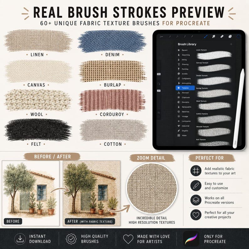 Pode incluir: Um an&uacute;ncio de pinc&eacute;is de textura de tecido Procreate. A imagem mostra amostras de tecido, um iPad com biblioteca de pinc&eacute;is e uma imagem de antes/depois de uma casa. O texto inclui "Real Brush Strokes Preview" e "60+ Unique Fabric Texture Brushes for Procreate."