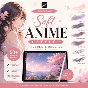 May include: A digital art brush set for Procreate titled Soft Anime Style Procreate Brushes, featuring an anime-style illustration, a tablet displaying a landscape, and a list of brush types including Soft Shader, Airy Brush, and Hair Brush.