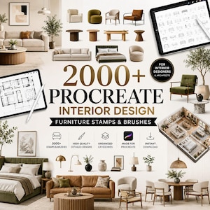 Könnte beinhalten: Eine digitale Sammlung von über 2000 Procreate-Möbelstempeln und Pinseln für Innenarchitektur, die verschiedene Sofas, Stühle, Tische und Betten zeigt, zusammen mit architektonischen Grundrissen und Raumdarstellungen auf Tablets.