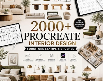 Mais de 2000 carimbos de móveis para Procreate | Pacote de pincéis para design de interiores | Recursos para plantas baixas | Kit de ferramentas para arquitetura e decoração