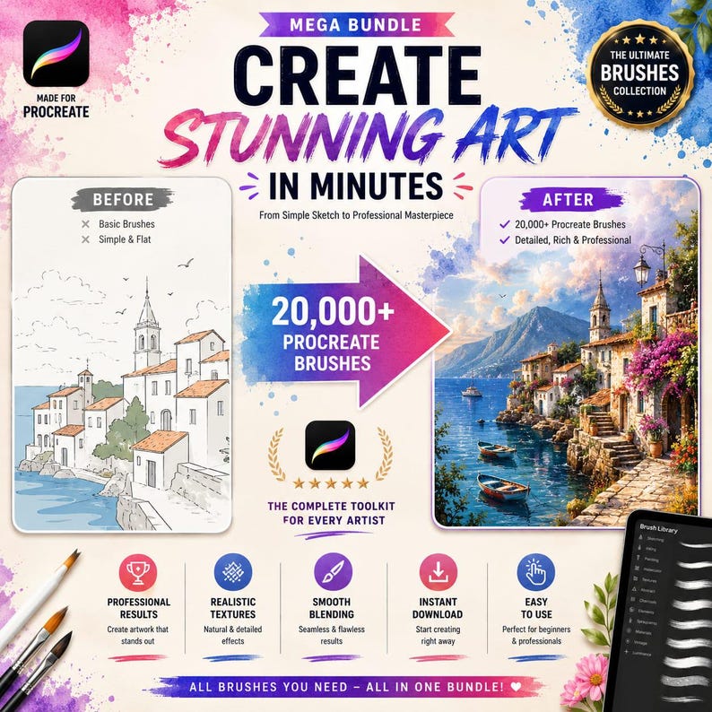 May include: A digital product advertisement for a Procreate brush bundle featuring 20,000+ brushes. The graphic displays a before-and-after comparison of a coastal village illustration, alongside icons for professional results, textures, and blending.