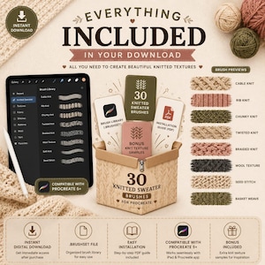 Pode incluir: Um conjunto de produtos digitais para Procreate com 30 pinc&eacute;is de tric&ocirc;, um guia de instala&ccedil;&atilde;o e amostras de texturas b&ocirc;nus. A imagem exibe um tablet com a biblioteca de pinc&eacute;is, uma caixa com etiquetas e pr&eacute;vias de padr&otilde;es de tric&ocirc;.