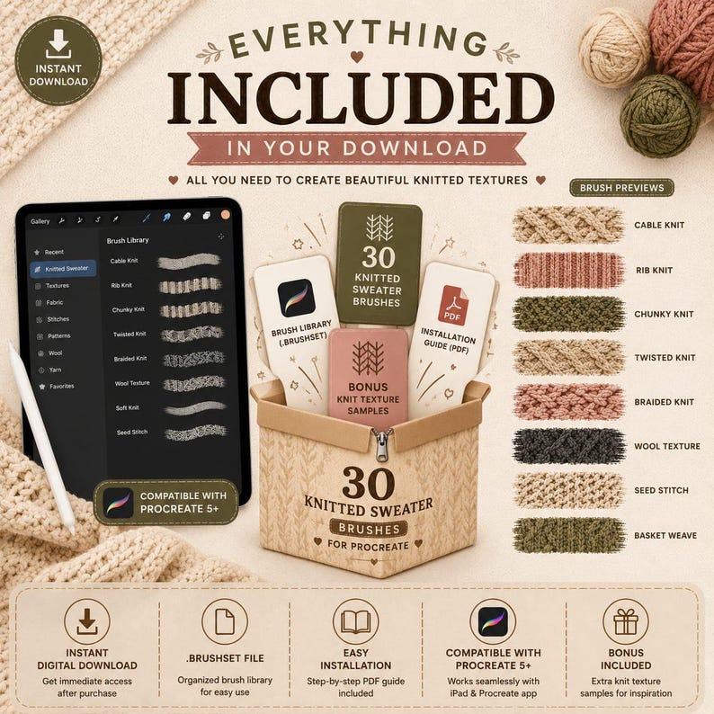 Pode incluir: Um conjunto de produtos digitais para Procreate com 30 pinc&eacute;is de tric&ocirc;, um guia de instala&ccedil;&atilde;o e amostras de texturas b&ocirc;nus. A imagem exibe um tablet com a biblioteca de pinc&eacute;is, uma caixa com etiquetas e pr&eacute;vias de padr&otilde;es de tric&ocirc;.