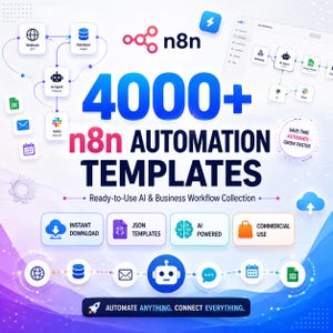 May include: A digital graphic featuring the text 4000+ n8n AUTOMATION TEMPLATES, Ready-to-Use AI & Business Workflow Collection, and AUTOMATE ANYTHING. CONNECT EVERYTHING. The design includes icons for webhooks, databases, AI agents, and cloud services.