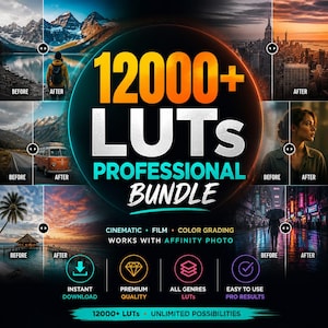Peut inclure: Image promotionnelle pour un pack de LUTs professionnels. L'image présente des exemples avant/après de retouche photo, avec des paysages et des portraits transformés. Le texte comprend "12000+ LUTS" et "Professional Bundle".