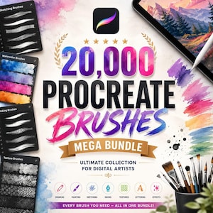 May include: A digital art resource bundle featuring 20,000 Procreate brushes. The graphic displays the Procreate logo, brush category panels for sketching, watercolor, inking, and textures, plus a tablet with a stylus and paint brushes.