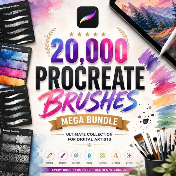 Ultimate Procreate Brushes Mega Bundle | 20,000+ Digital Art Brushes Pack | Watercolor, Sketch, Ink, Texture, Stamp Brush | Instant Download