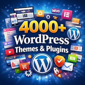 May include: A digital graphic promoting WordPress themes and plugins. The image features a central text element that reads "4000+ WordPress Themes & Plugins" in yellow and white. Surrounding the text are various website-related icons and devices.