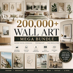 May include: A digital collection of 200,000+ wall art prints featuring diverse imagery including landscapes, botanical illustrations, abstract line drawings, and architectural photography, presented as a downloadable bundle for home and office decor.