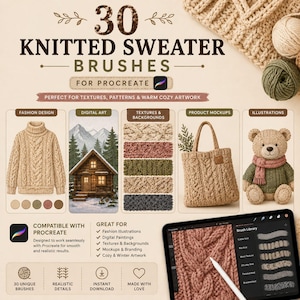 Pode incluir: Um an&uacute;ncio de produto digital para 30 pinc&eacute;is de su&eacute;ter de tric&ocirc; para Procreate. A imagem exibe um su&eacute;ter bege de gola alta, uma ilustra&ccedil;&atilde;o de cabana, v&aacute;rias amostras de texturas de tric&ocirc;, uma bolsa tote e um urso de pel&uacute;cia com um tablet.