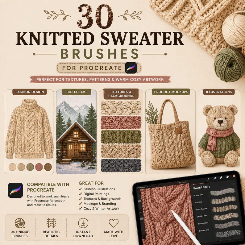 Pode incluir: Um an&uacute;ncio de produto digital para 30 pinc&eacute;is de su&eacute;ter de tric&ocirc; para Procreate. A imagem exibe um su&eacute;ter bege de gola alta, uma ilustra&ccedil;&atilde;o de cabana, v&aacute;rias amostras de texturas de tric&ocirc;, uma bolsa tote e um urso de pel&uacute;cia com um tablet.