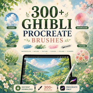 May include: A digital collection of 300+ Ghibli Procreate brushes featuring circular samples of clouds, trees, grass, watercolour, texture, and flowers. A tablet displays a landscape illustration with a stylus and the Procreate app icon.