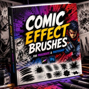 Pode incluir: Um livro quadrado intitulado Comic Effect Brushes for Procreate & Photoshop com uma ilustração gráfica de um personagem de banda desenhada, salpicos de tinta preta e padrões de meio-tom. A capa exibe os ícones de software.