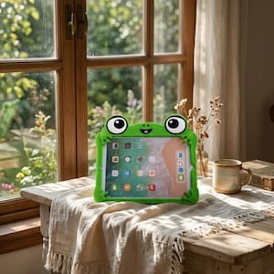 Könnte beinhalten: Eine leuchtend grüne Tablethülle in Froschform mit großen weißen und schwarzen Augen, einem kleinen Mund und zwei Vorderpfoten, die auf den oberen Ecken ruhen. Die Hülle umschließt ein Tablet mit einem farbenfrohen Startbildschirm.