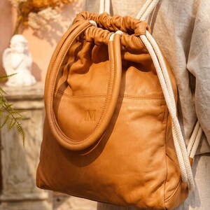 Cognac Leather Drawstring Bucket Bag, Women's Everyday Shoulder ToteBag,shopping Bag