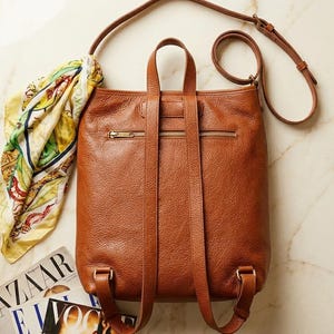 Convertible Leather Backpack Purse, Cognac Brown Tote Bag, Work Bag