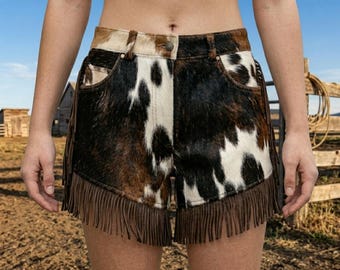 Pantalones cortos de cuero de vaca, pantalones cortos estilo western con flecos, pantalones cortos hechos a mano con estampado de vaca, ropa estilo western para mujer, pantalones cortos estilo festival, parte inferior de cuero boho