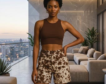 Pantalones cortos de piel de vaca para mujer, cintura alta con pelo, estilo western.