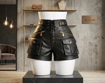 Pantaloncini cargo in pelle nera, pantaloncini a vita alta con lacci, pantaloncini da donna con tasche utility, pantaloni streetwear gotici, abbigliamento da festival biker fatto a mano