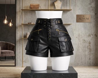 Schwarze Leder Cargo Shorts, Schnürshorts mit Hoher Taille, Damen Gebrauchstaschen Shorts, Gothic Streetwear Böden, Handgemachte Biker Festival Kleidung