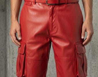Rode leren cargoshort, slim fit biker-streetwear, handgemaakte designer utility