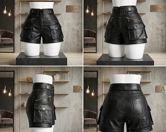Black Leather Cargo Shorts, Lace Up High Waist Shorts, Womens Utility Pocket Shorts, Gothic Streetwear Bottoms, Handmade Biker Festival Wear