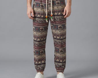 Men's Boho Ethnic Print Trousers | Cotton Linen Tribal Lounge Pants