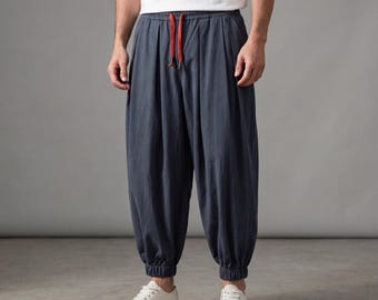 Men's Cotton Harem Pants, Loose Fit Drop Crotch Joggers, Streetwear Bottoms, Everyday Pants