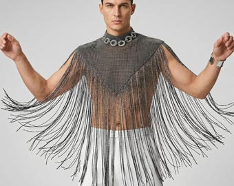 Men's Western Fringe Tassel Top | Rodeo Cowboy Sheer Mesh Tank | Festival Rave Costume
