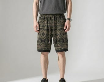 Men's Tribal Print Shorts | Cotton Linen Aztec Casual Beach Wear