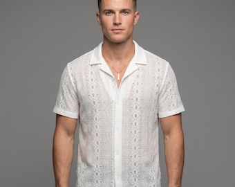 Men's Lace Shirt | Short Sleeve Geometric Boho Resort Wear | Summer Beachwear