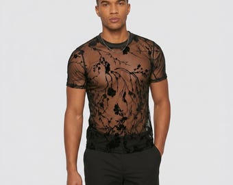 Men's Black Sheer Floral Mesh T-Shirt | Blossom Embroidered See Through | Festival Party Night Out Shirts